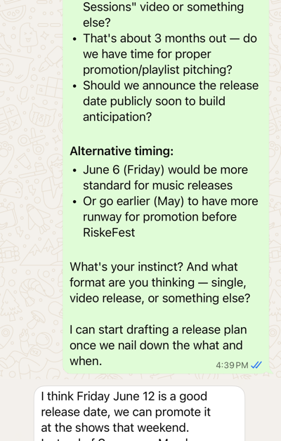 Cindy helping plan a single release on WhatsApp: timeline, distributor deadlines, playlist pitching strategy.